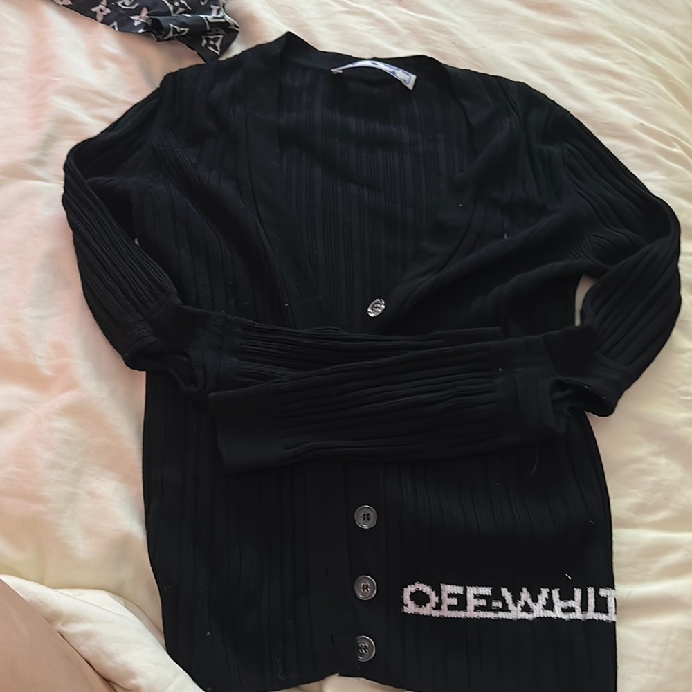 Off white black and white cardigan with elbow holes